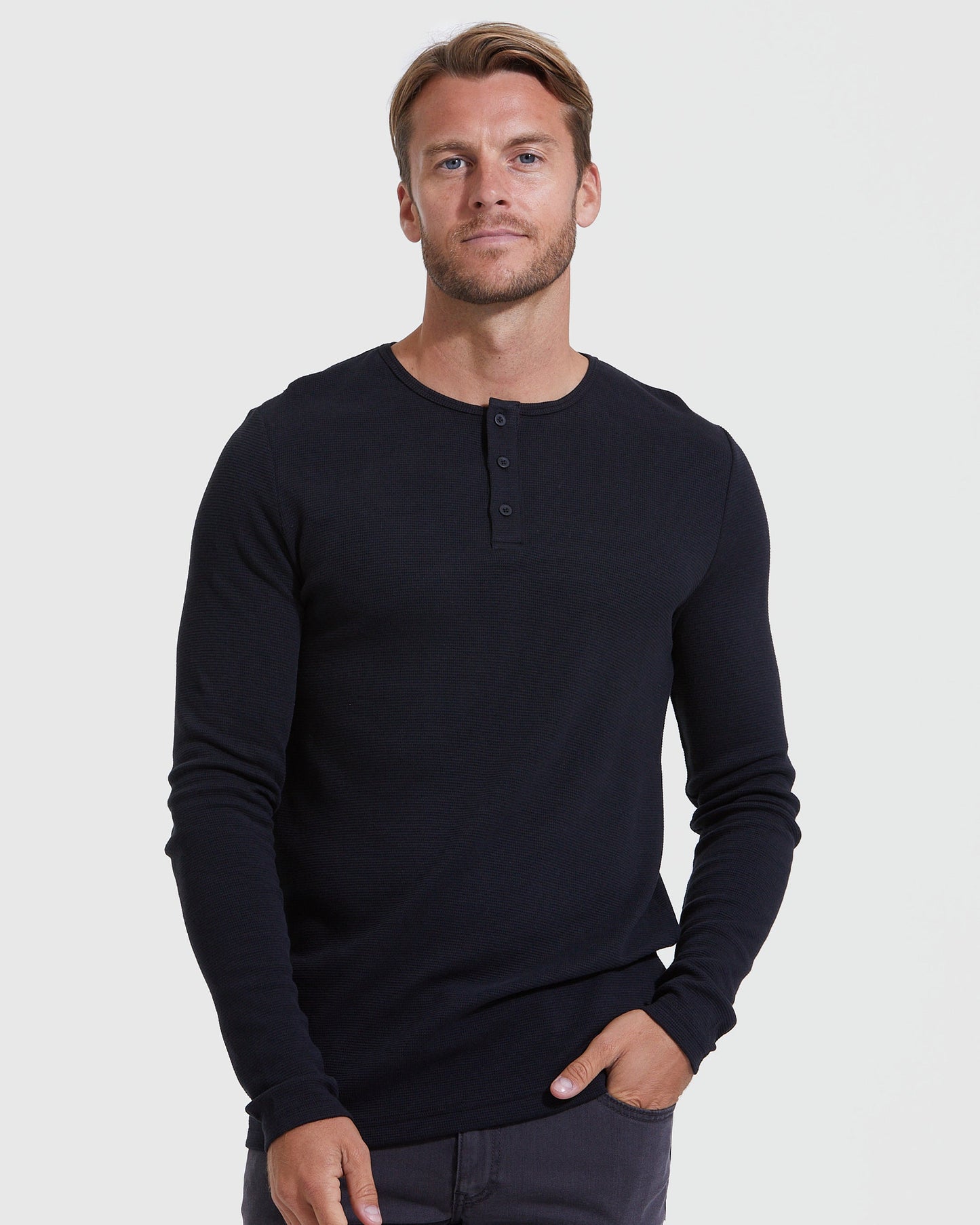 All Black Waffle Long Sleeve Henley 6-Pack