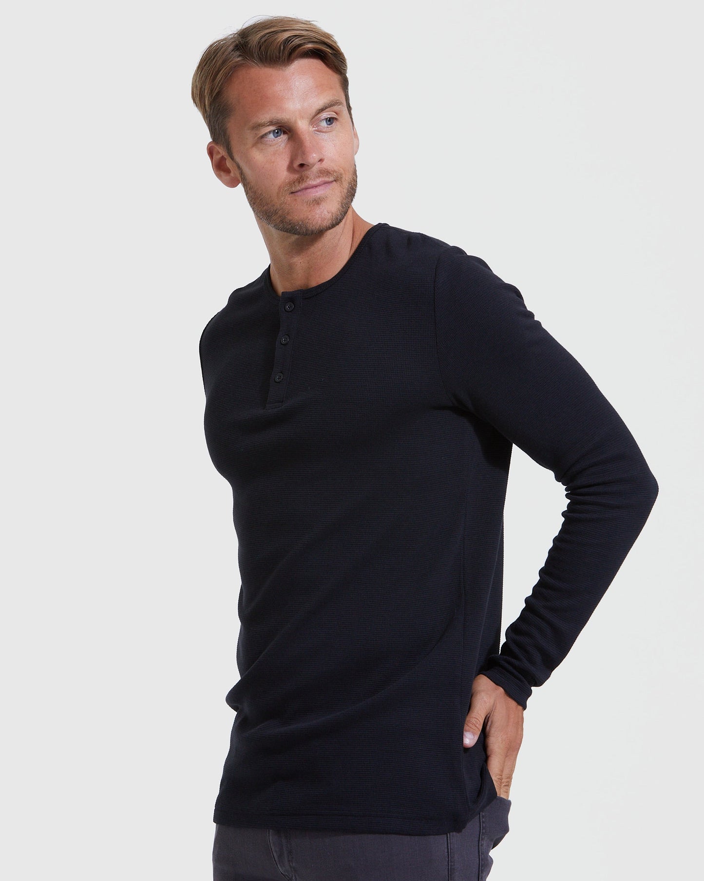 All Black Waffle Long Sleeve Henley 6-Pack