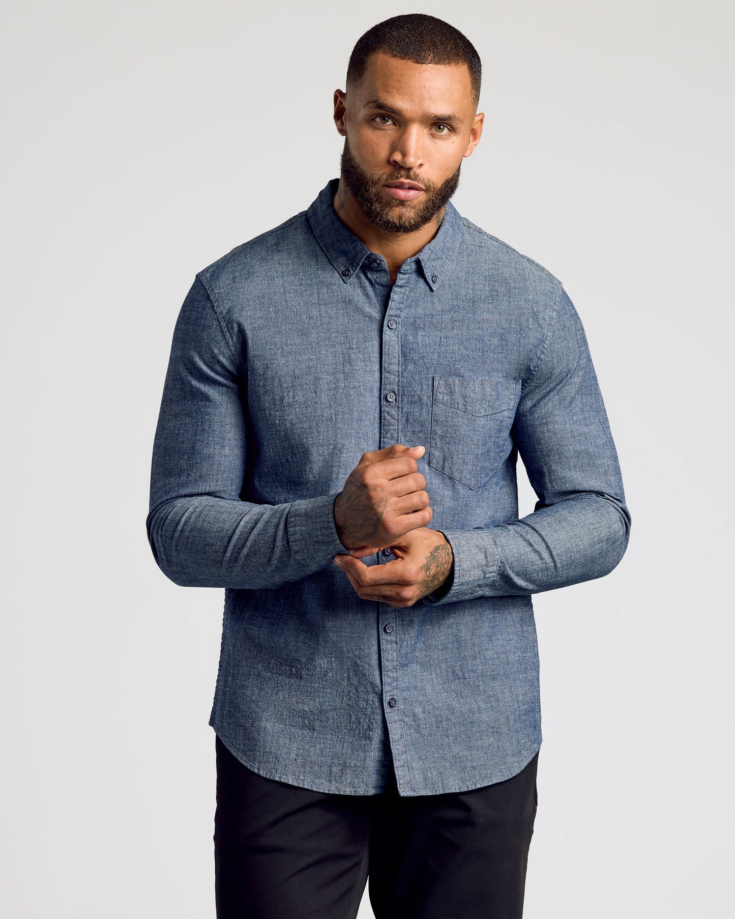 Black & Medium Indigo Wash Long Sleeve Chambray Shirt 2-Pack