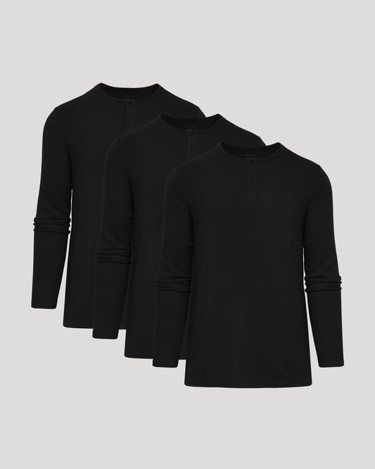All Black Waffle Long Sleeve Henley 3-Pack