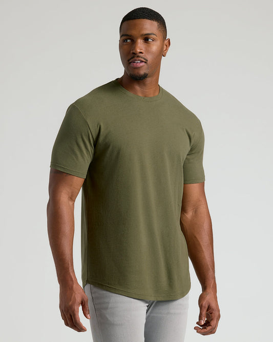 Military Green Short Sleeve Tall Curved Hem Crew