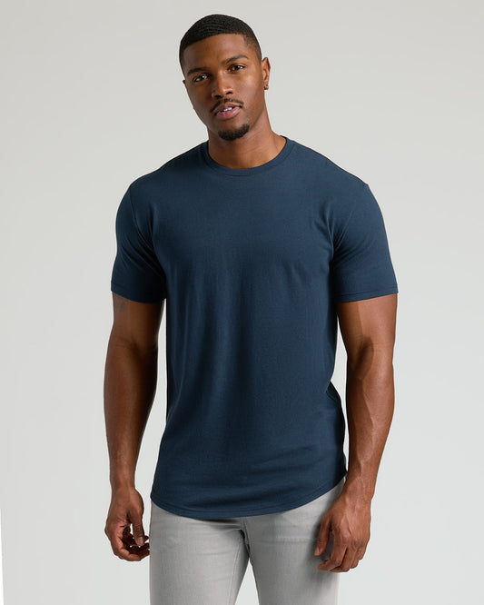 Navy Short Sleeve Tall Curved Hem Crew
